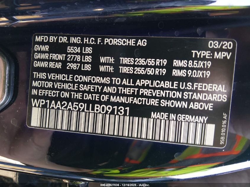2020 Porsche Macan VIN: WP1AA2A59LLB09131 Lot: 43927036