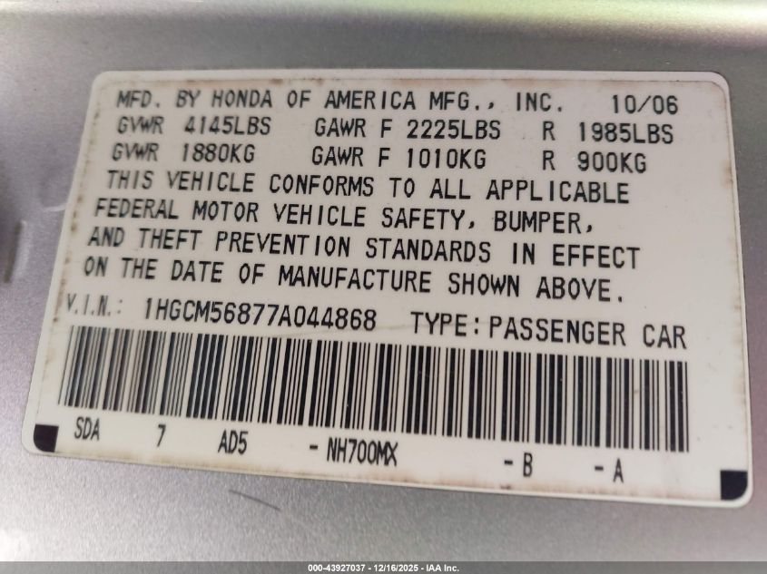 2007 Honda Accord 2.4 Ex VIN: 1HGCM56877A044868 Lot: 43927037