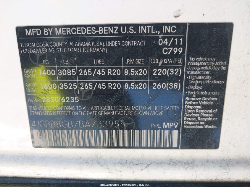 2011 Mercedes-Benz Ml 350 4Matic VIN: 4JGBB8GB7BA733955 Lot: 43927039