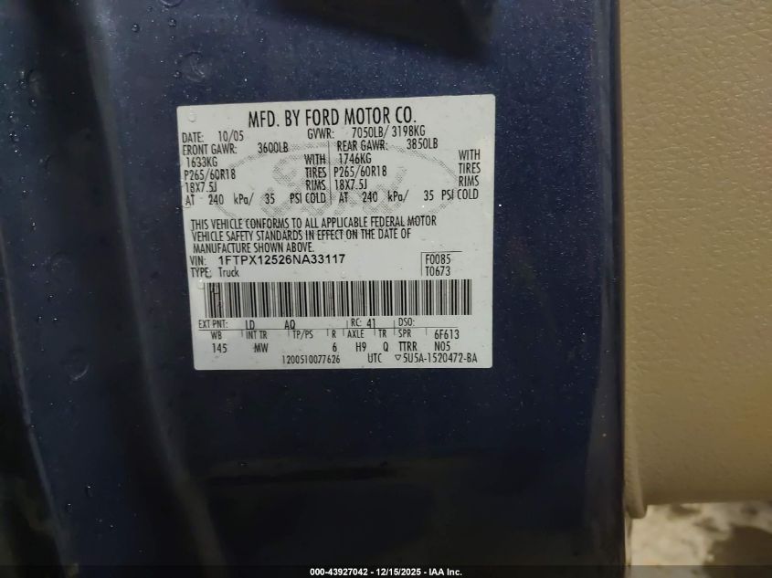 2006 Ford F-150 Lariat/Xl/Xlt VIN: 1FTPX12526NA33117 Lot: 43927042