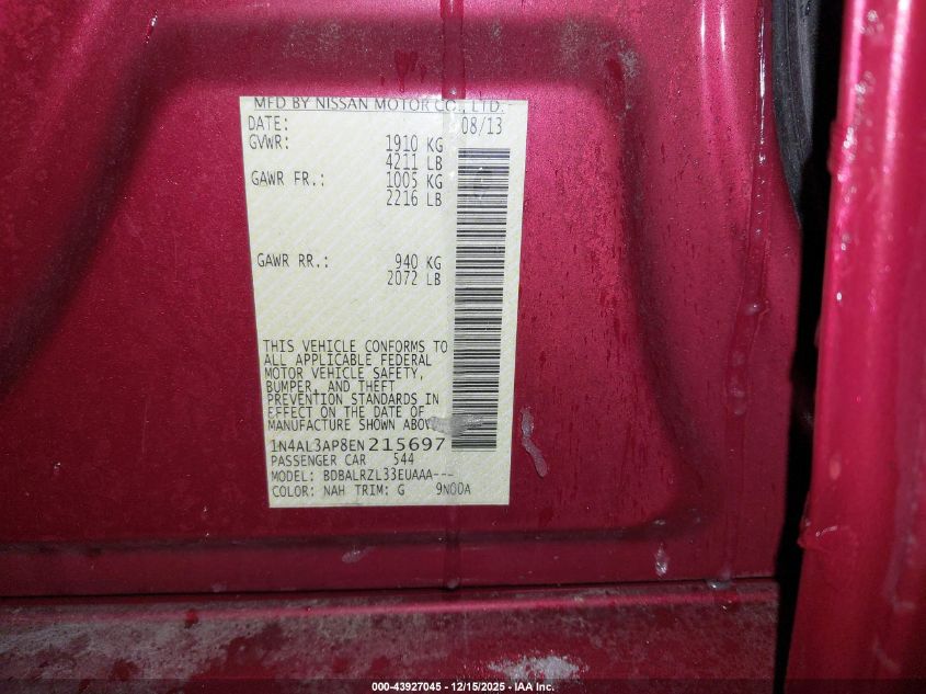 2014 Nissan Altima 2.5 S VIN: 1N4AL3AP8EN215697 Lot: 43927045