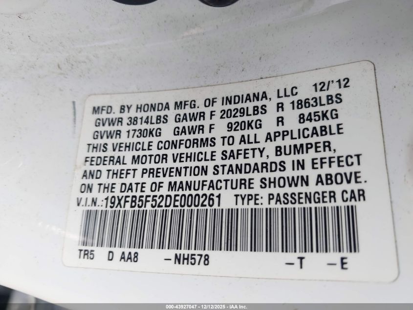 2013 Honda Civic Natural Gas VIN: 19XFB5F52DE000261 Lot: 43927047