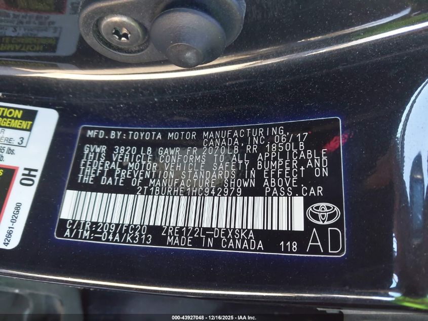 2017 Toyota Corolla Se VIN: 2T1BURHE1HC942979 Lot: 43927048