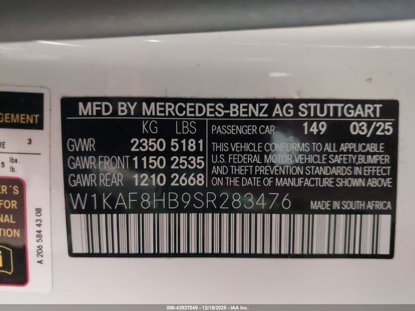 2025 Mercedes-Benz Amg C 43 4Matic VIN: W1KAF8HB9SR283476 Lot: 43927049