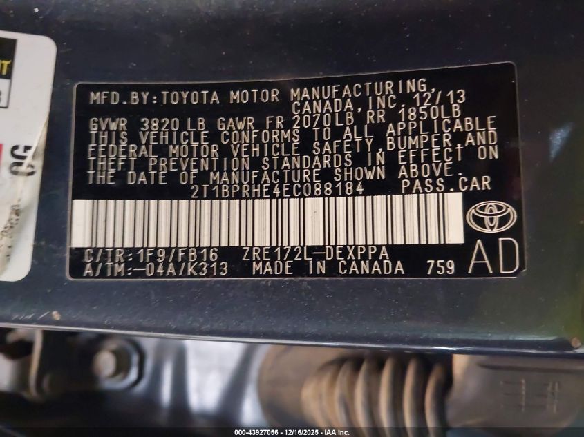 2014 Toyota Corolla Le Eco Plus VIN: 2T1BPRHE4EC088184 Lot: 43927056