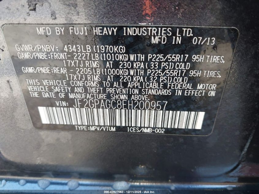 2014 Subaru Xv Crosstrek 2.0I Limited VIN: JF2GPAGC8EH200957 Lot: 43927063