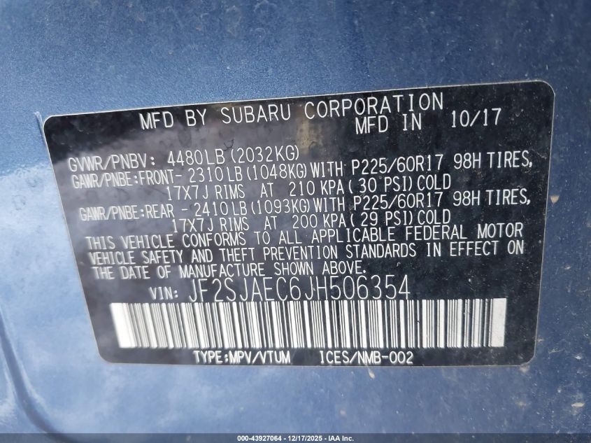 2018 Subaru Forester 2.5I Premium VIN: JF2SJAEC6JH506354 Lot: 43927064