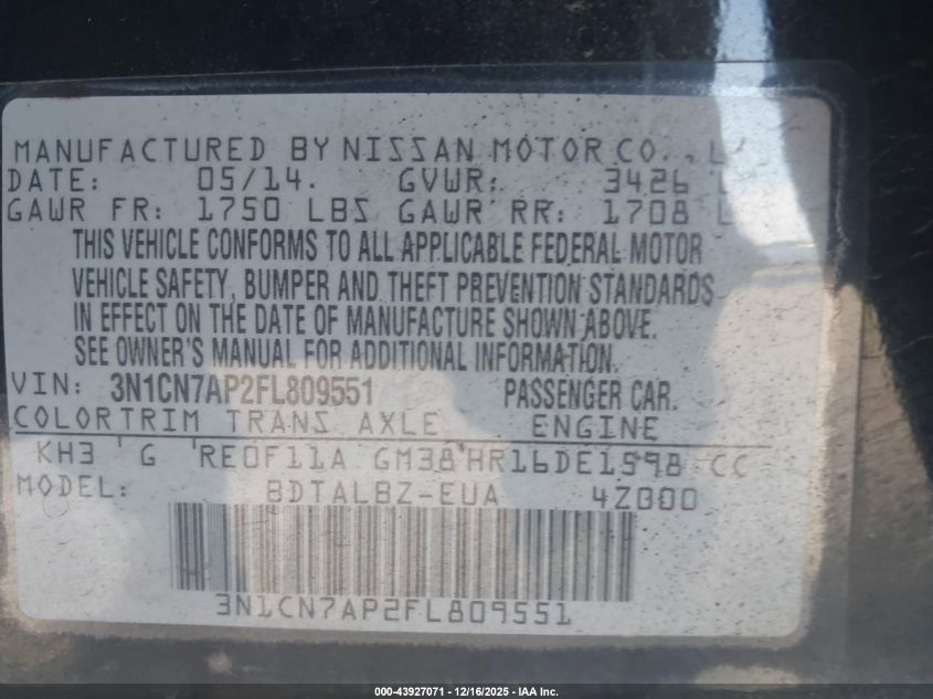 2015 Nissan Versa 1.6 Sv VIN: 3N1CN7AP2FL809551 Lot: 43927071