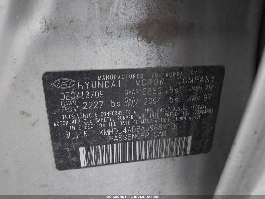 2010 Hyundai Elantra Gls VIN: KMHDU4AD8AU968710 Lot: 43927074