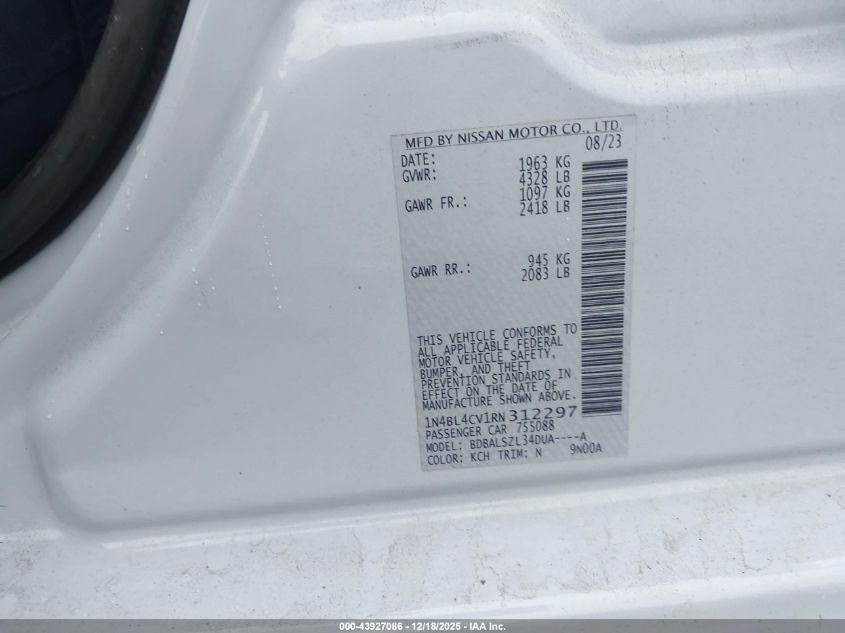 2024 Nissan Altima Sr Fwd VIN: 1N4BL4CV1RN312297 Lot: 43927086