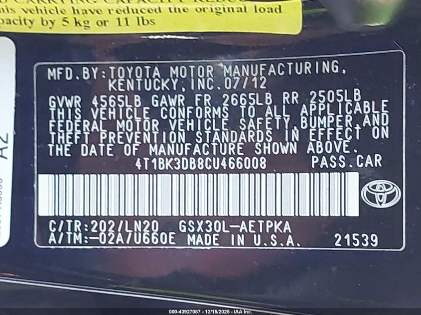 2012 Toyota Avalon Limited VIN: 4T1BK3DB8CU466008 Lot: 43927087