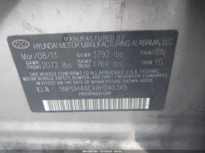 2011 Hyundai Elantra Limited VIN: 5NPDH4AEXBH040345 Lot: 43927093