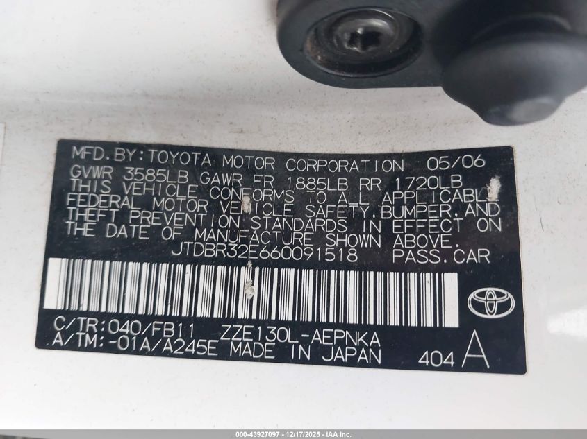 2006 Toyota Corolla Le VIN: JTDBR32E660091518 Lot: 43927097