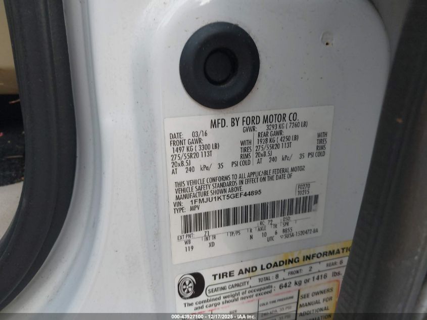2016 Ford Expedition Limited VIN: 1FMJU1KT5GEF44895 Lot: 43927100
