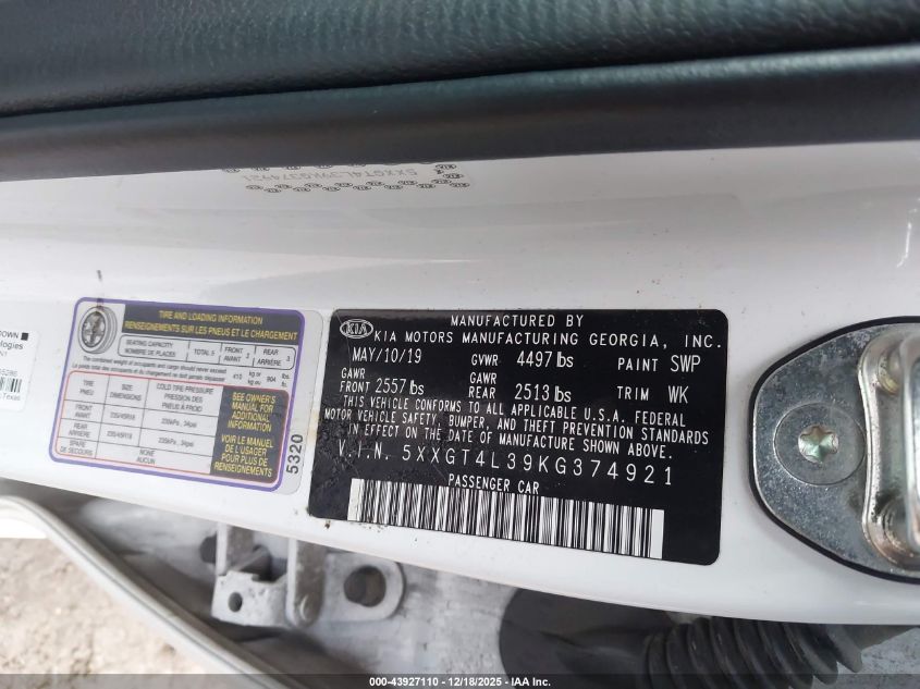 2019 Kia Optima S VIN: 5XXGT4L39KG374921 Lot: 43927110