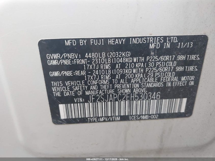 2014 Subaru Forester 2.5I Touring VIN: JF2SJAPC2EH530346 Lot: 43927111