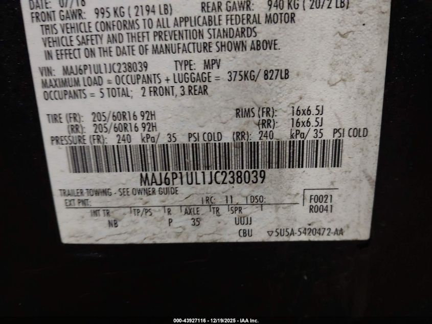 2018 Ford Ecosport Se VIN: MAJ6P1UL1JC238039 Lot: 43927116