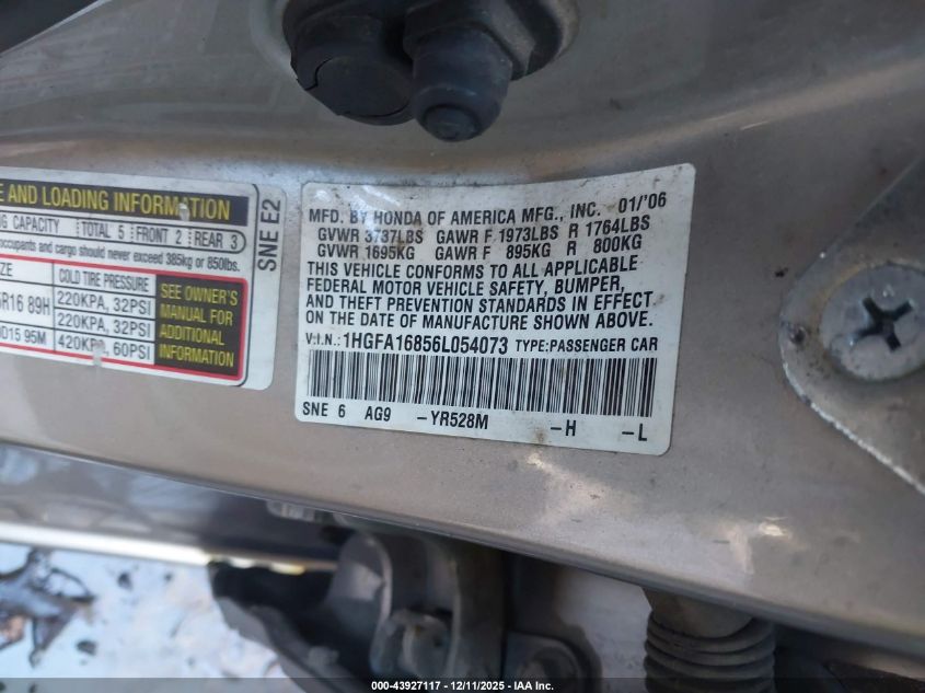 2006 Honda Civic Ex VIN: 1HGFA16856L054073 Lot: 43927117