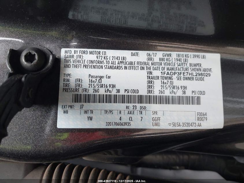 2017 Ford Focus Se VIN: 1FADP3FE7HL298029 Lot: 43927118