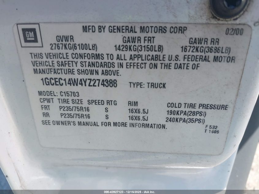 2000 Chevrolet Silverado 1500 VIN: 1GCEC14W4YZ274388 Lot: 43927123