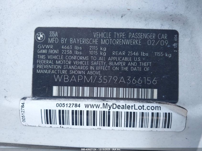 2009 BMW 335I VIN: WBAPM73579A366156 Lot: 43927124