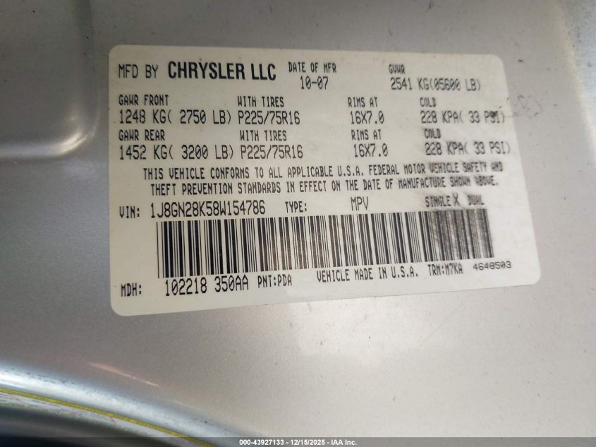 2008 Jeep Liberty Sport VIN: 1J8GN28K58W154786 Lot: 43927133