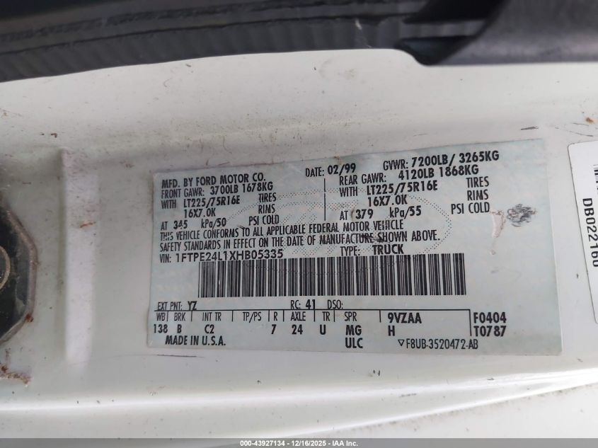 1999 Ford Econoline E250 Van VIN: 1FTPE24L1XHB05335 Lot: 43927134