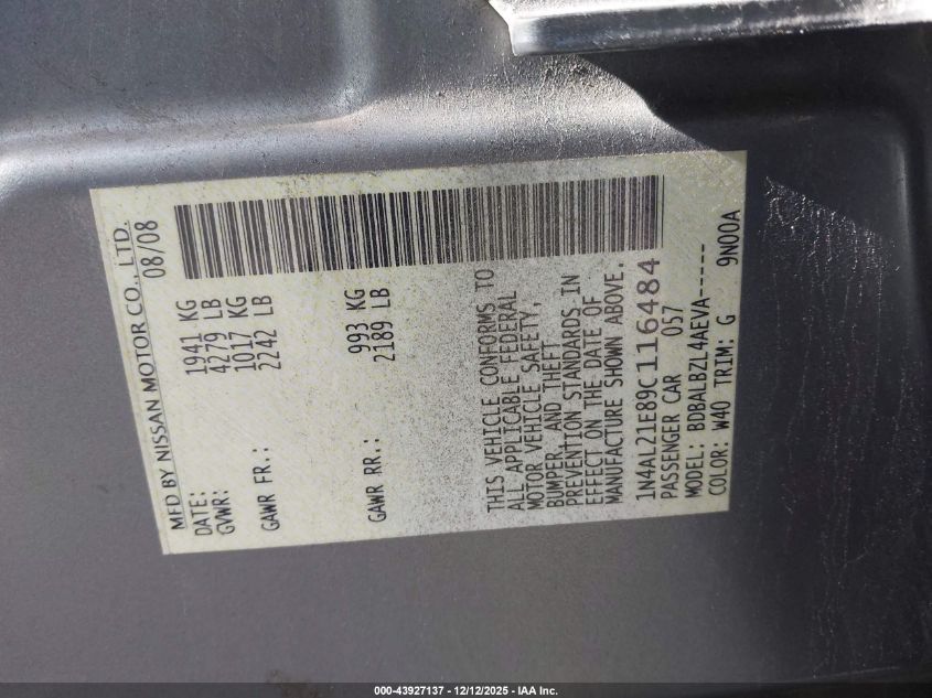 2009 Nissan Altima 2.5 S VIN: 1N4AL21E89C116484 Lot: 43927137