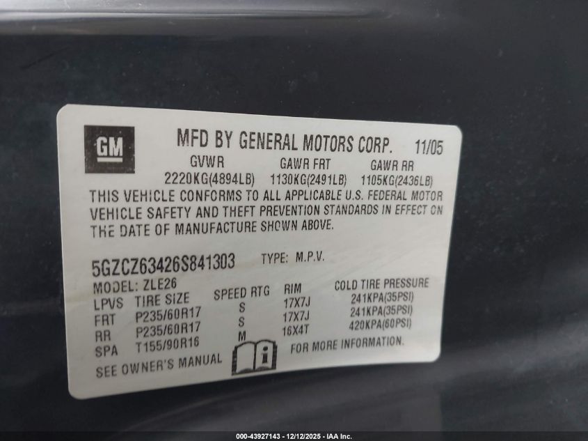 2006 Saturn Vue V6 VIN: 5GZCZ63426S841303 Lot: 43927143