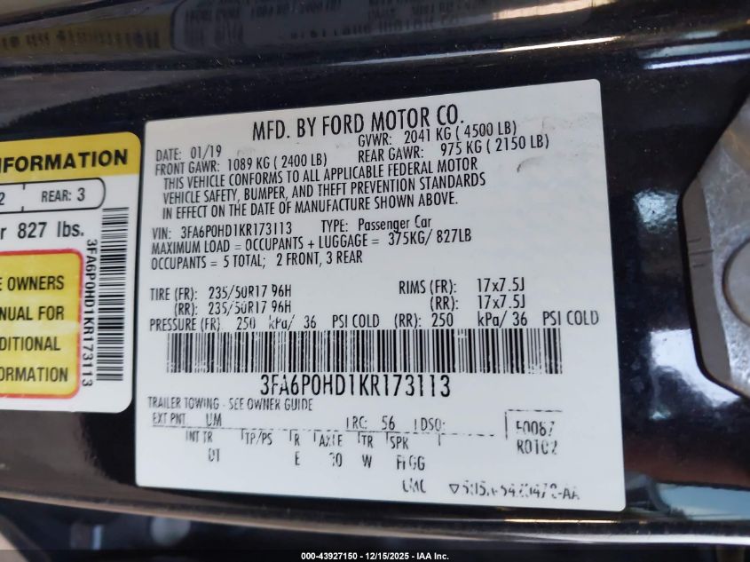 2019 Ford Fusion Se VIN: 3FA6P0HD1KR173113 Lot: 43927150