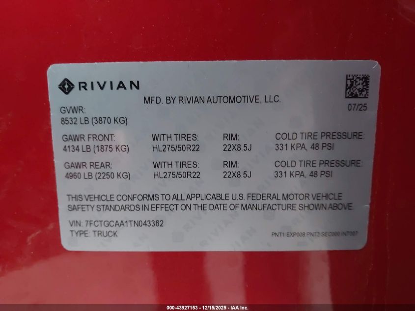 2026 Rivian R1T VIN: 7FCTGCAA1TN043362 Lot: 43927153