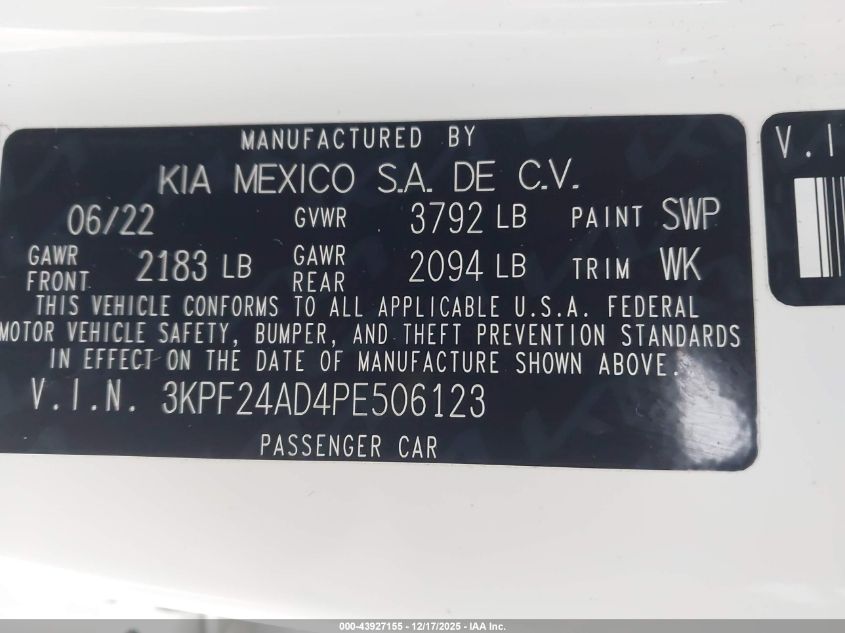 2023 Kia Forte Lxs VIN: 3KPF24AD4PE506123 Lot: 43927155