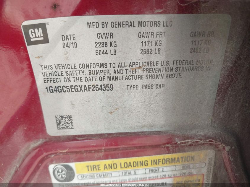 2010 Buick Lacrosse Cxl VIN: 1G4GC5EGXAF264359 Lot: 43927158