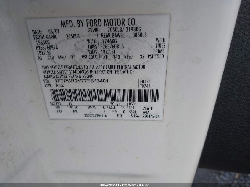 2007 Ford F-150 Lariat/Xlt VIN: 1FTPW12V77FB13401 Lot: 43927161