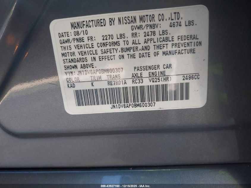 2011 Infiniti G25 Journey VIN: JN1DV6AP0BM600307 Lot: 43927160