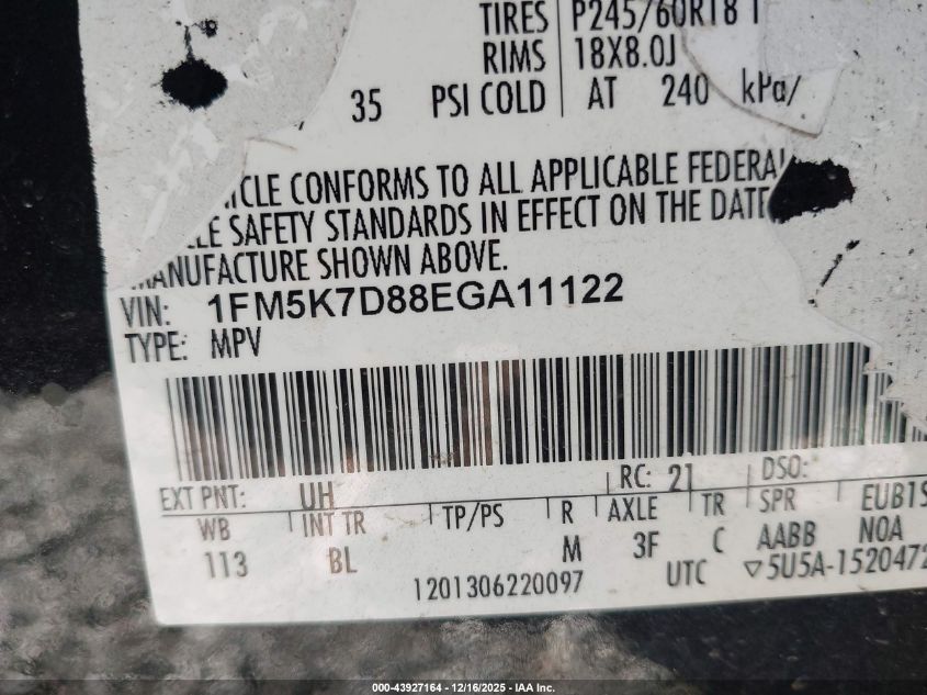 2014 Ford Explorer Xlt VIN: 1FM5K7D88EGA11122 Lot: 43927164