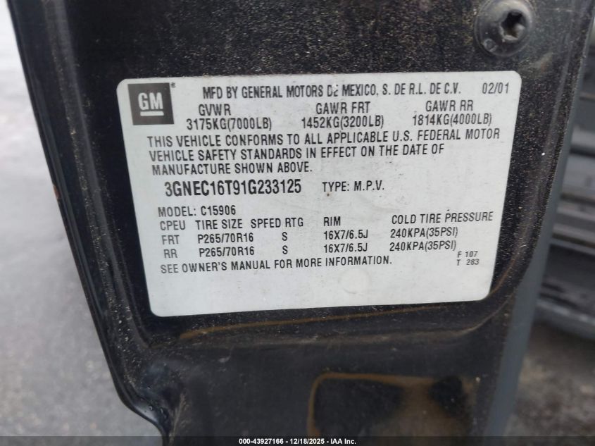 2001 Chevrolet Suburban 1500 Lt VIN: 3GNEC16T91G233125 Lot: 43927166