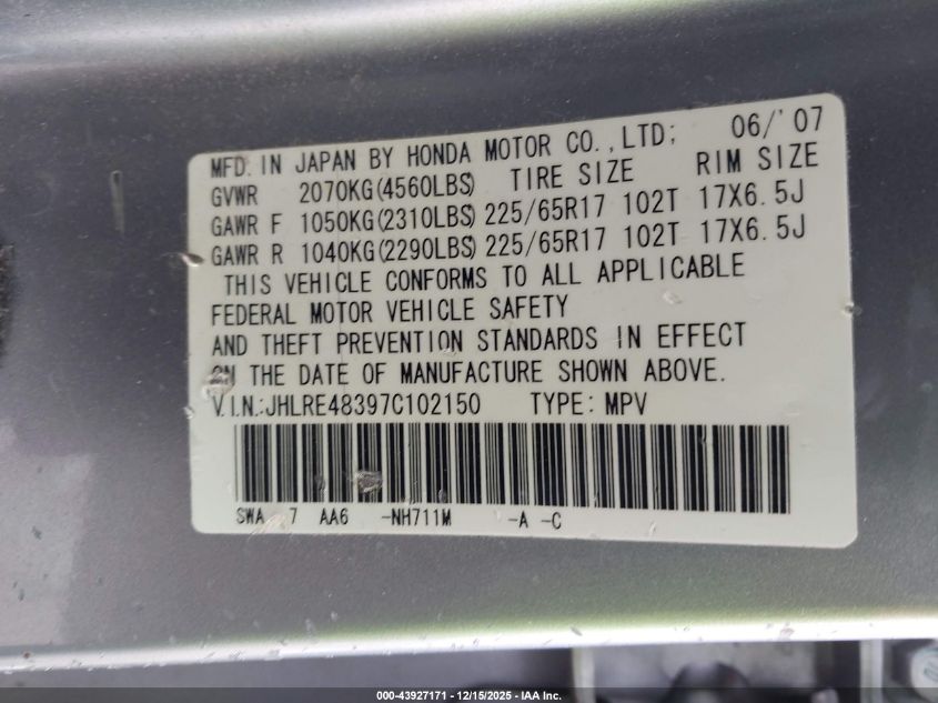 2007 Honda Cr-V Lx VIN: JHLRE48397C102150 Lot: 43927171