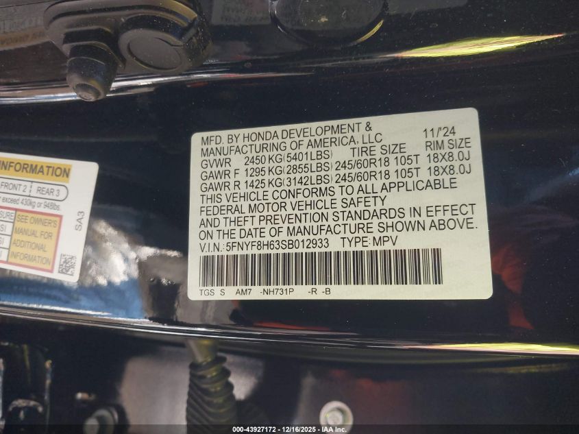 2025 Honda Passport Awd Trailsport VIN: 5FNYF8H63SB012933 Lot: 43927172