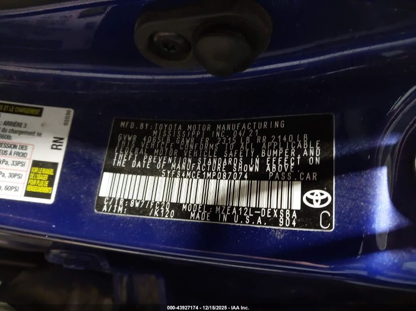 2021 Toyota Corolla Se VIN: 5YFS4MCE1MP087074 Lot: 43927174