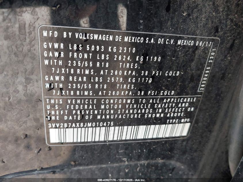 2018 Volkswagen Tiguan 2.0T Se/2.0T Sel VIN: 3VV2B7AX8JM010475 Lot: 43927176