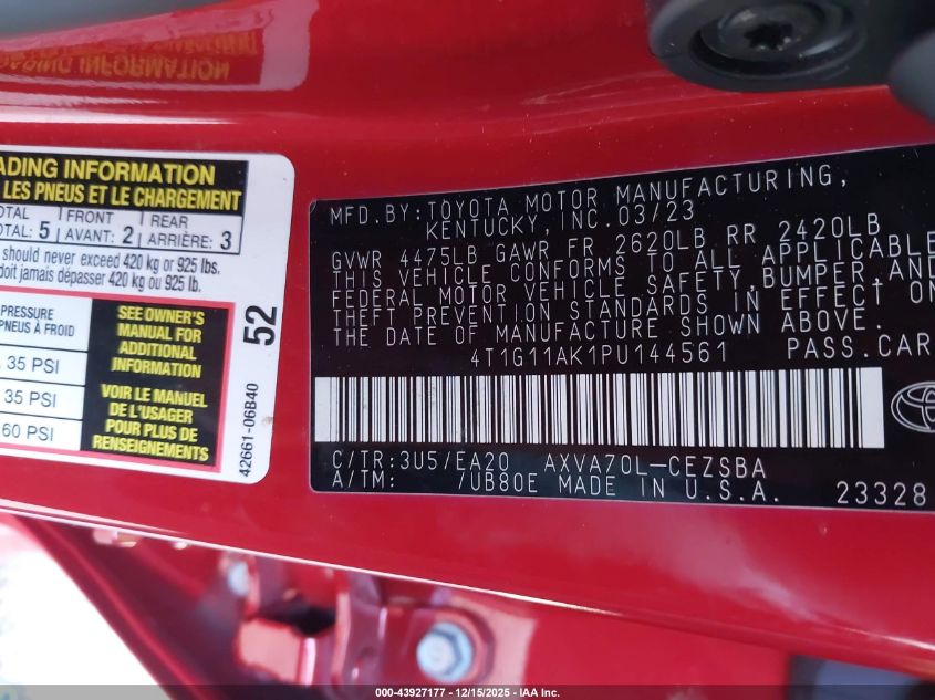 2023 Toyota Camry Se VIN: 4T1G11AK1PU144561 Lot: 43927177