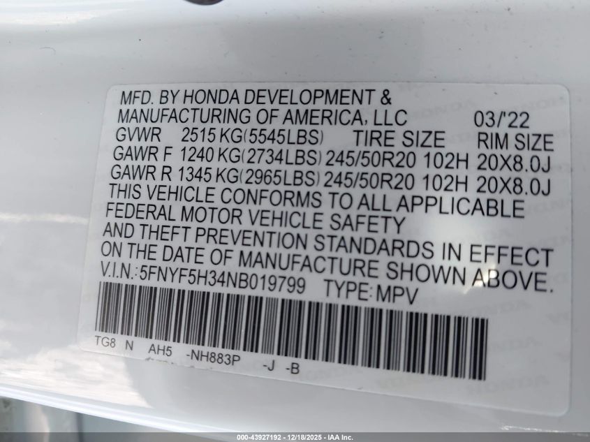 2022 Honda Pilot 2Wd Sport VIN: 5FNYF5H34NB019799 Lot: 43927192