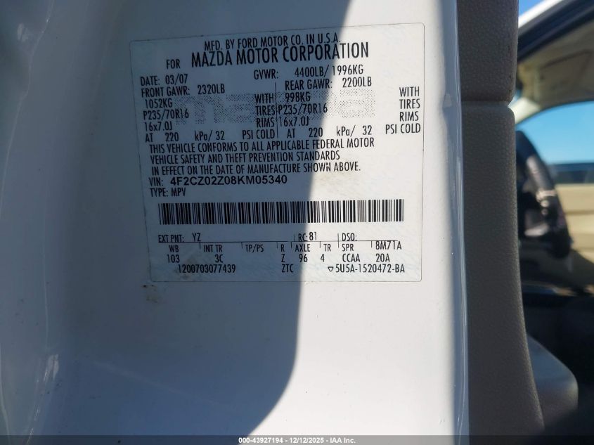 2008 Mazda Tribute I Sport VIN: 4F2CZ02Z08KM05340 Lot: 43927194