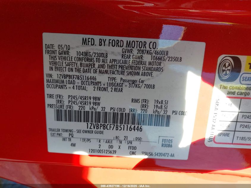 2011 Ford Mustang Gt Premium VIN: 1ZVBP8CF7B5116446 Lot: 43927196