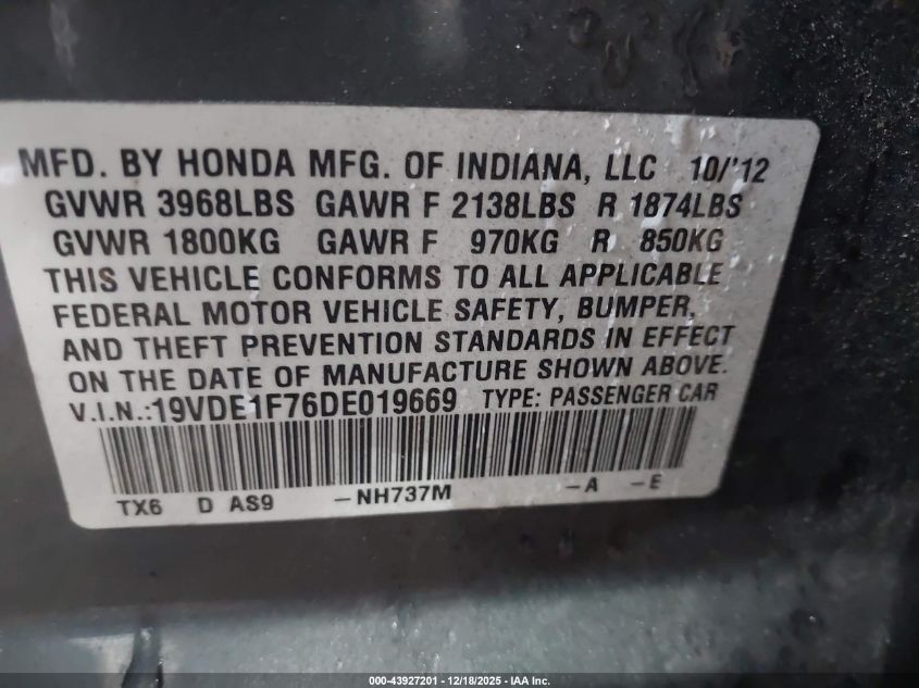 2013 Acura Ilx 2.0L VIN: 19VDE1F76DE019669 Lot: 43927201