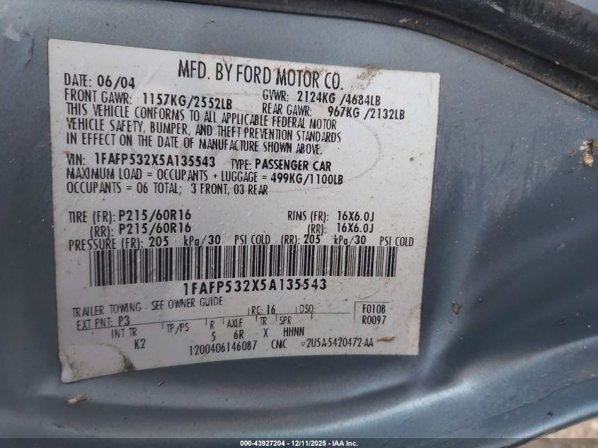 2005 Ford Taurus Se VIN: 1FAFP532X5A135543 Lot: 43927204