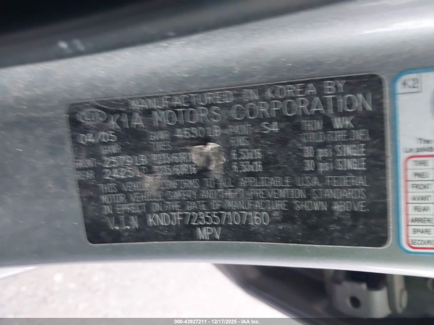 2005 Kia Sportage Ex V6/Lx V6 VIN: KNDJF723557107160 Lot: 43927211