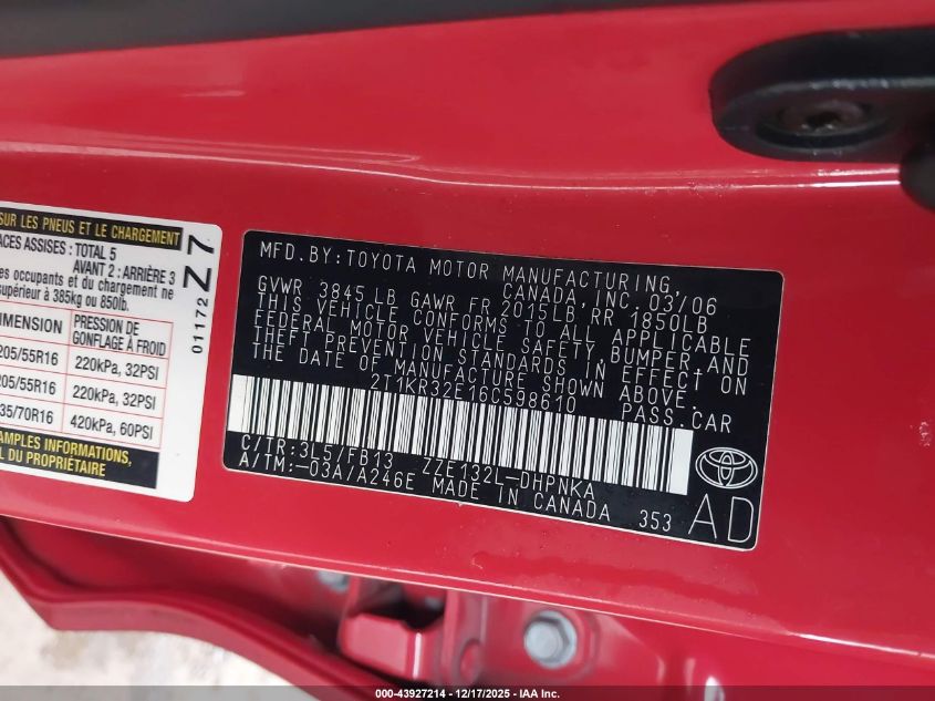 2006 Toyota Matrix Xr VIN: 2T1KR32E16C598610 Lot: 43927214