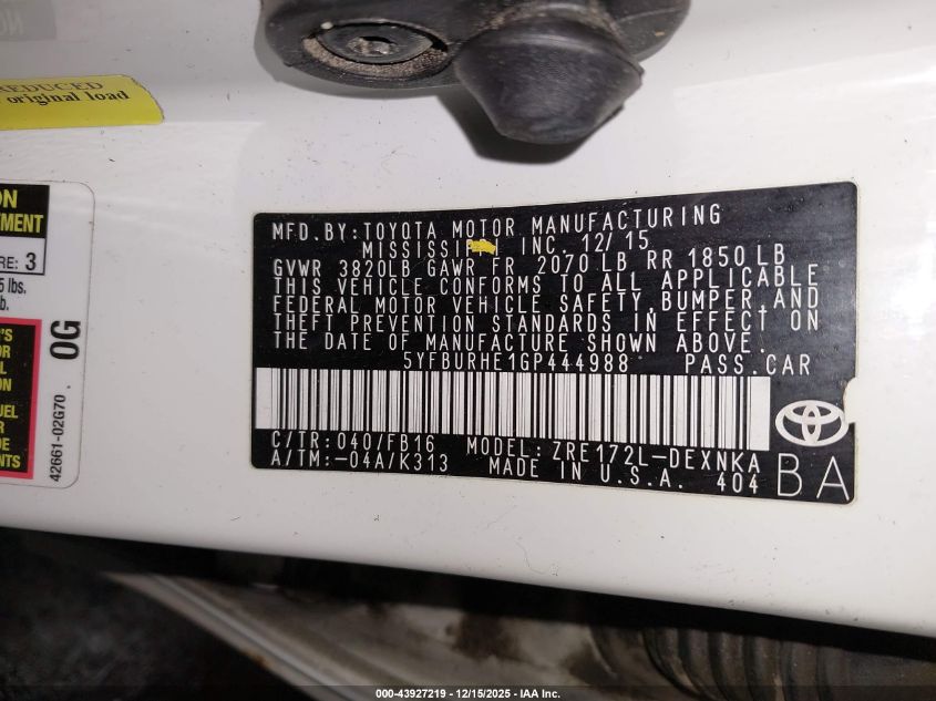 2016 Toyota Corolla Le VIN: 5YFBURHE1GP444988 Lot: 43927219